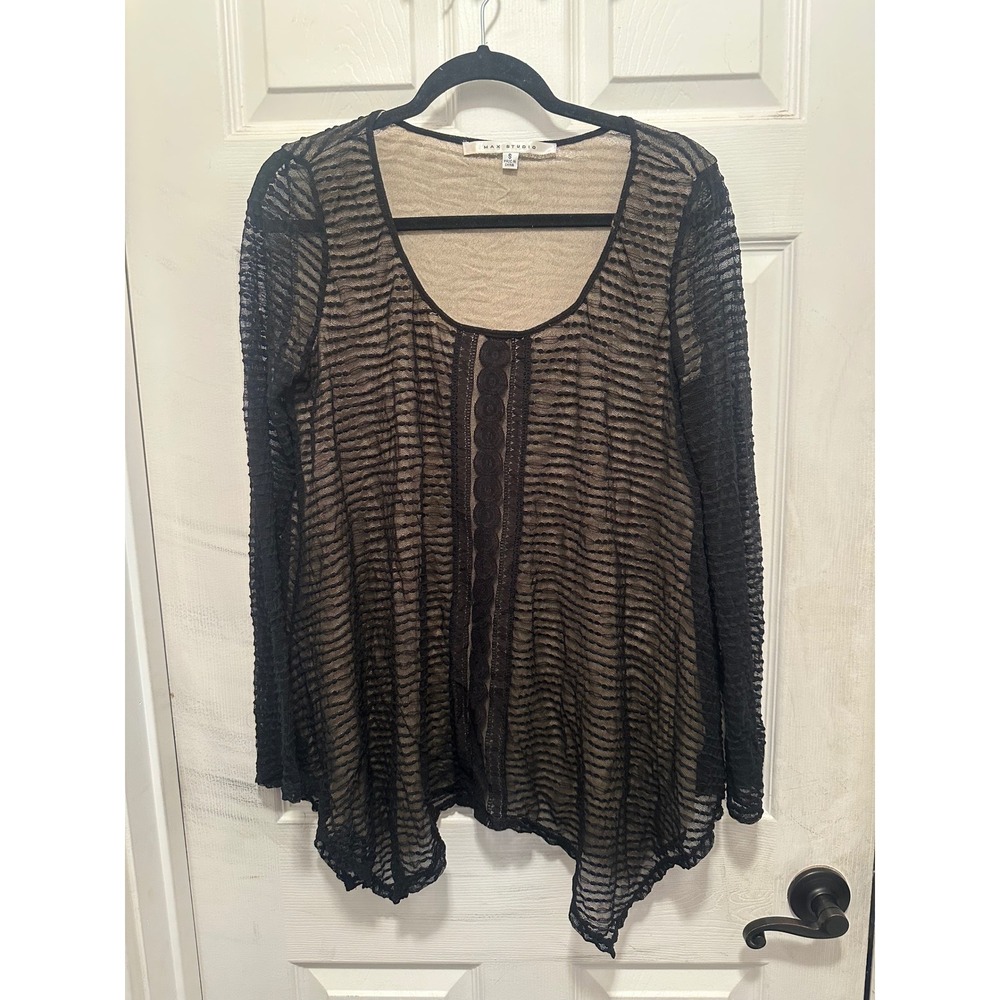 Max Studio Womens Black Lace Mesh Sharkbite Hem Tunic Top Tan Lining Small